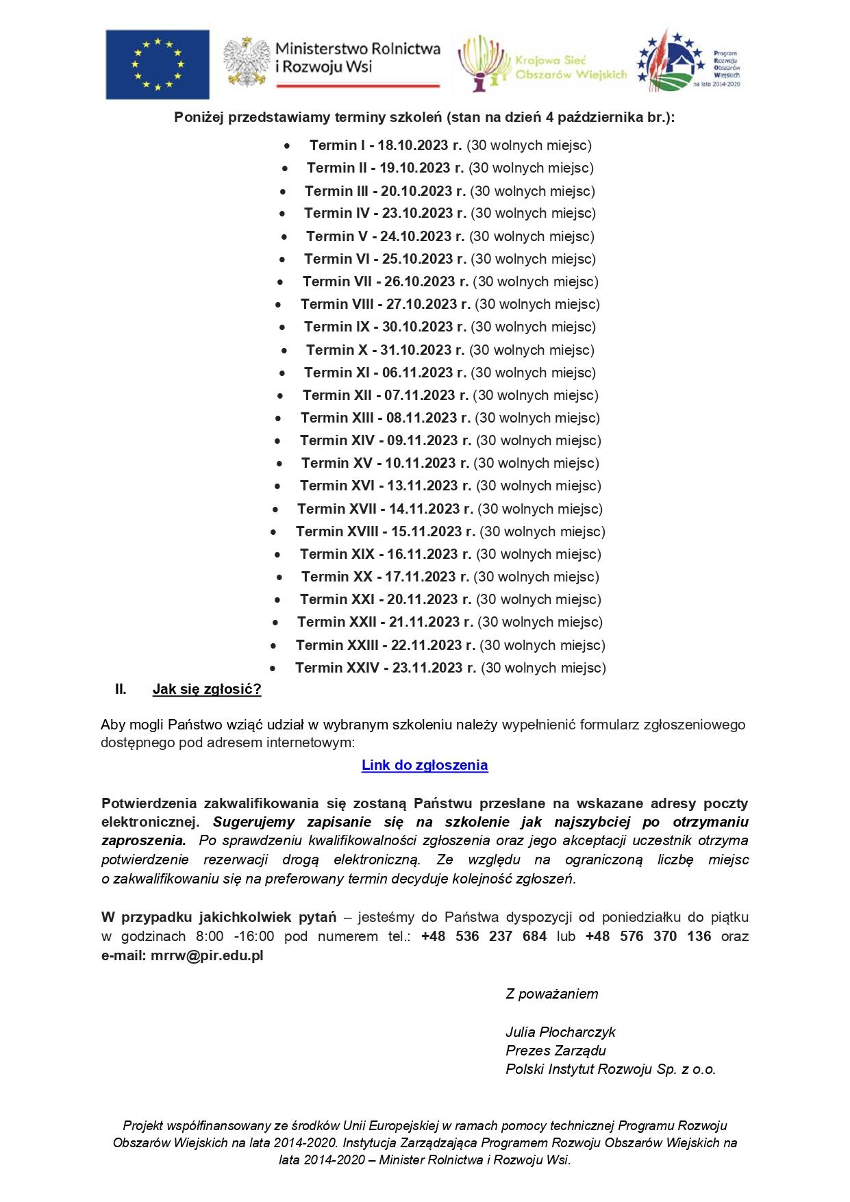 informacja dotycząca szkolenia