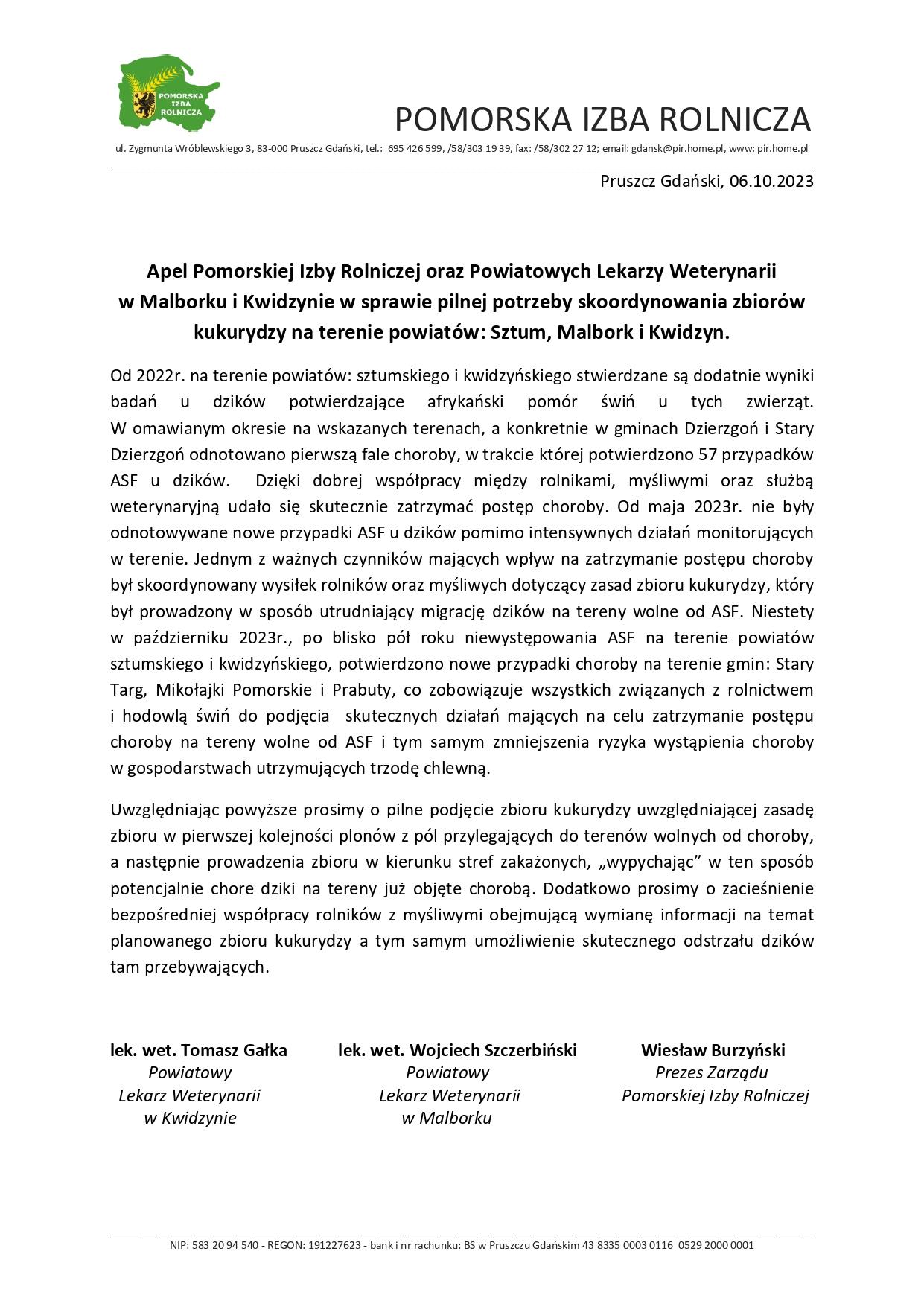Apel Pomorskiej Izby Rolniczej