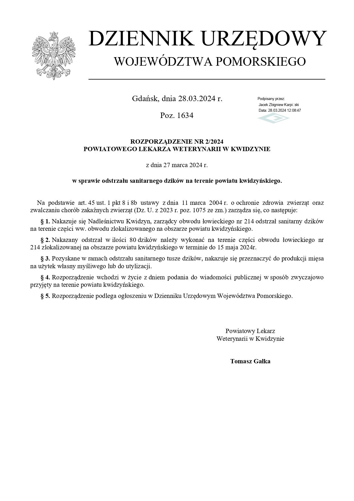 Rozporządzenie PLW 2/2024 ws odstrzału sanitarnego