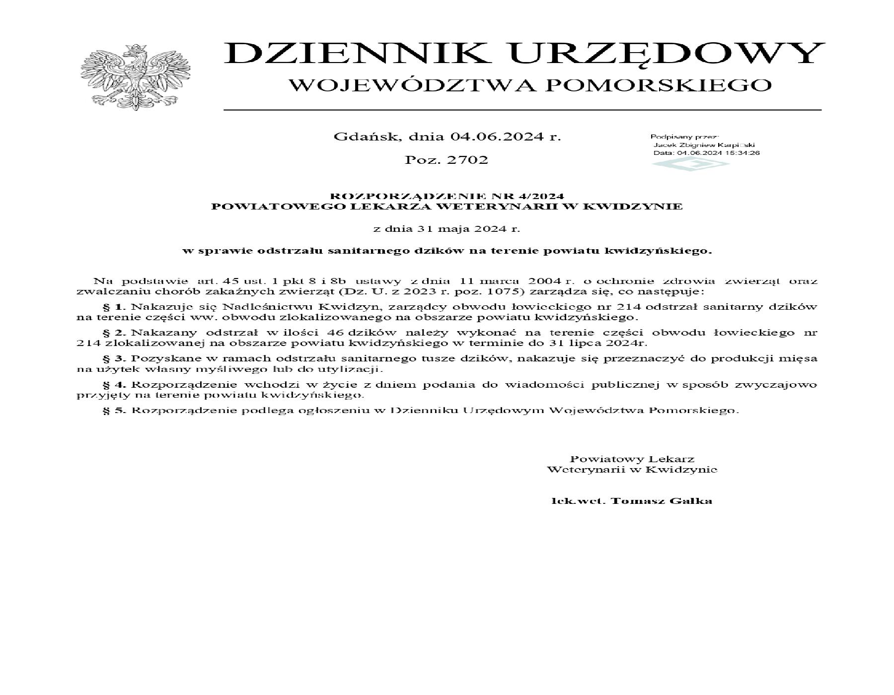 Rozporządzenie nr 4/2024 PLW Kwidzyn