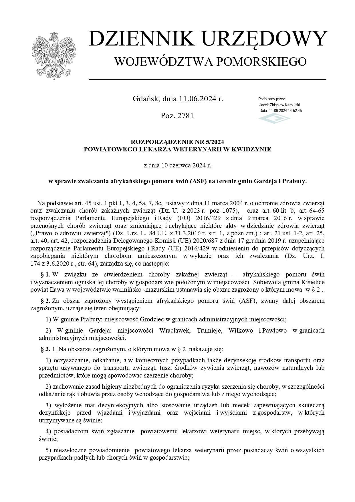 Rozporządzenie 5-2024 PLW Kwidzyn ws zwalczania asf na terenie gmin Gardeja i Prabuty_page-0001