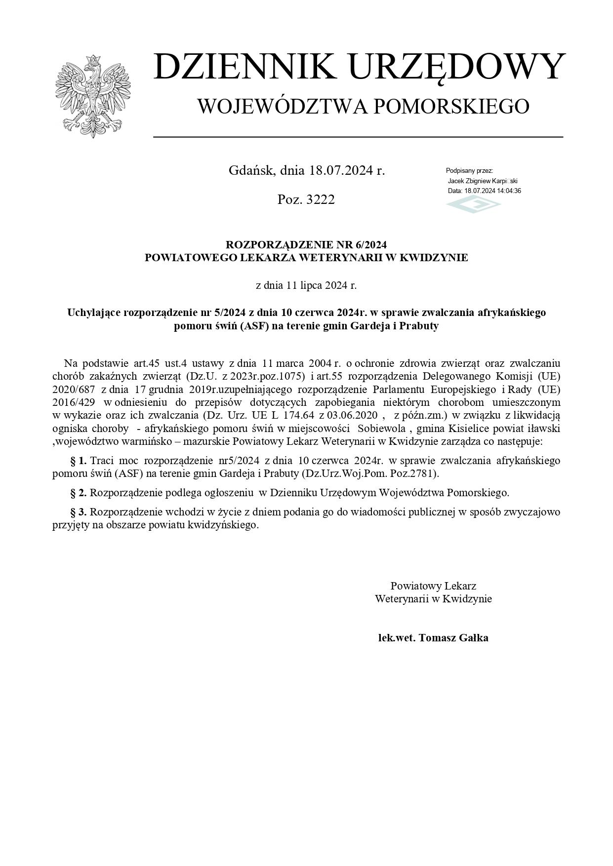 Rozporządzenie nr 6 PLW Kwidzyn z dnia 11 lipca 2024