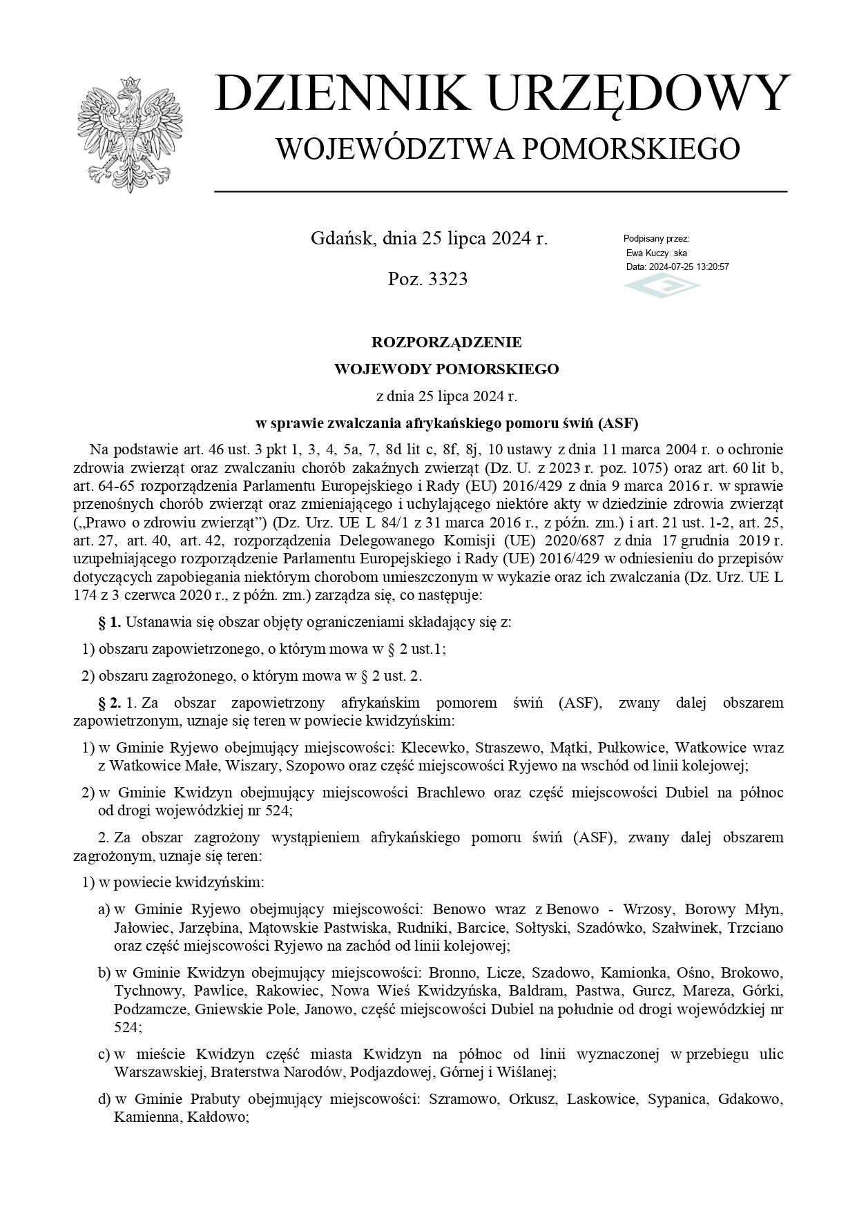 Rozporządzenie Wojewody Pomorskiego ws zwalczania ASF 1
