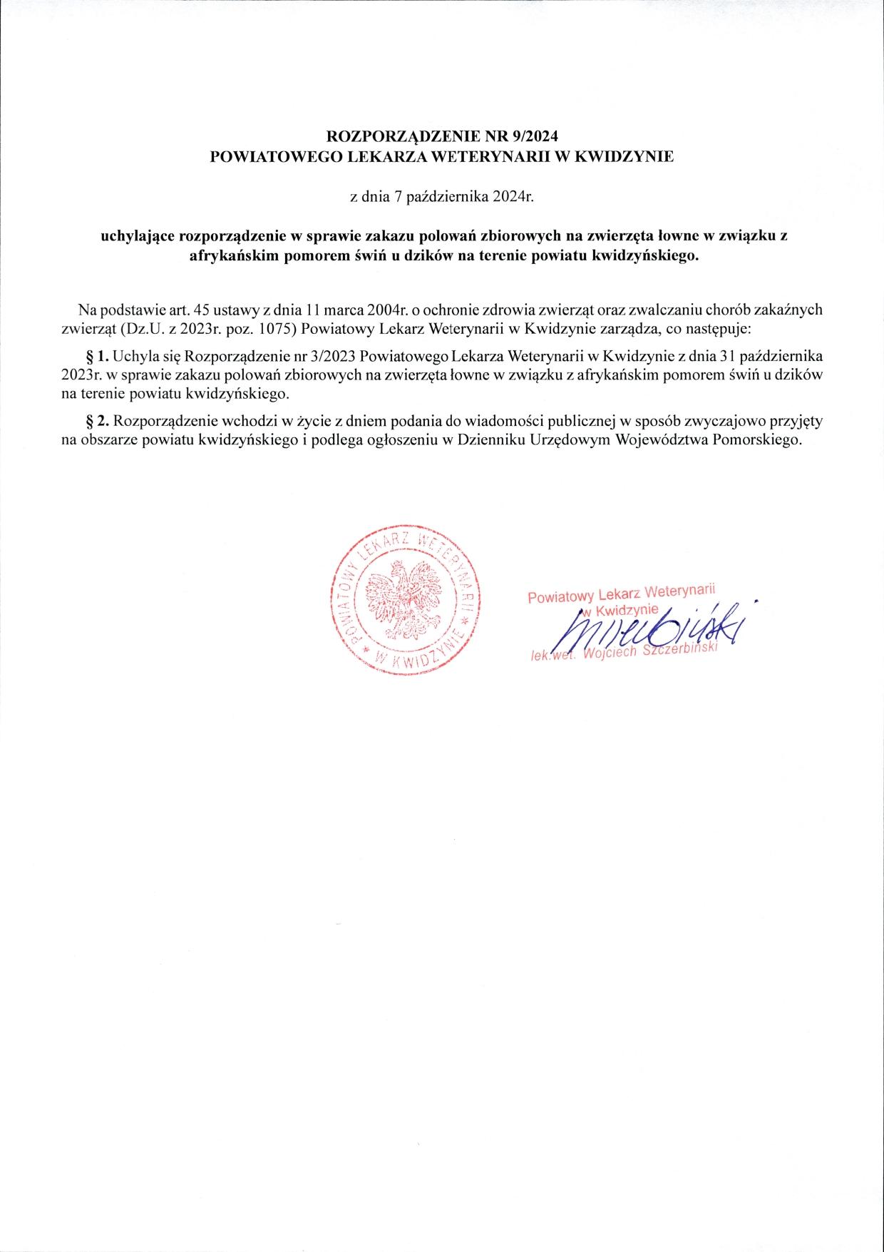 Rozporządzenie nr 9/2024 PLW Kwidzyn ws uchylenia rozporządzenia 3/2023 - polowania zbiorowe