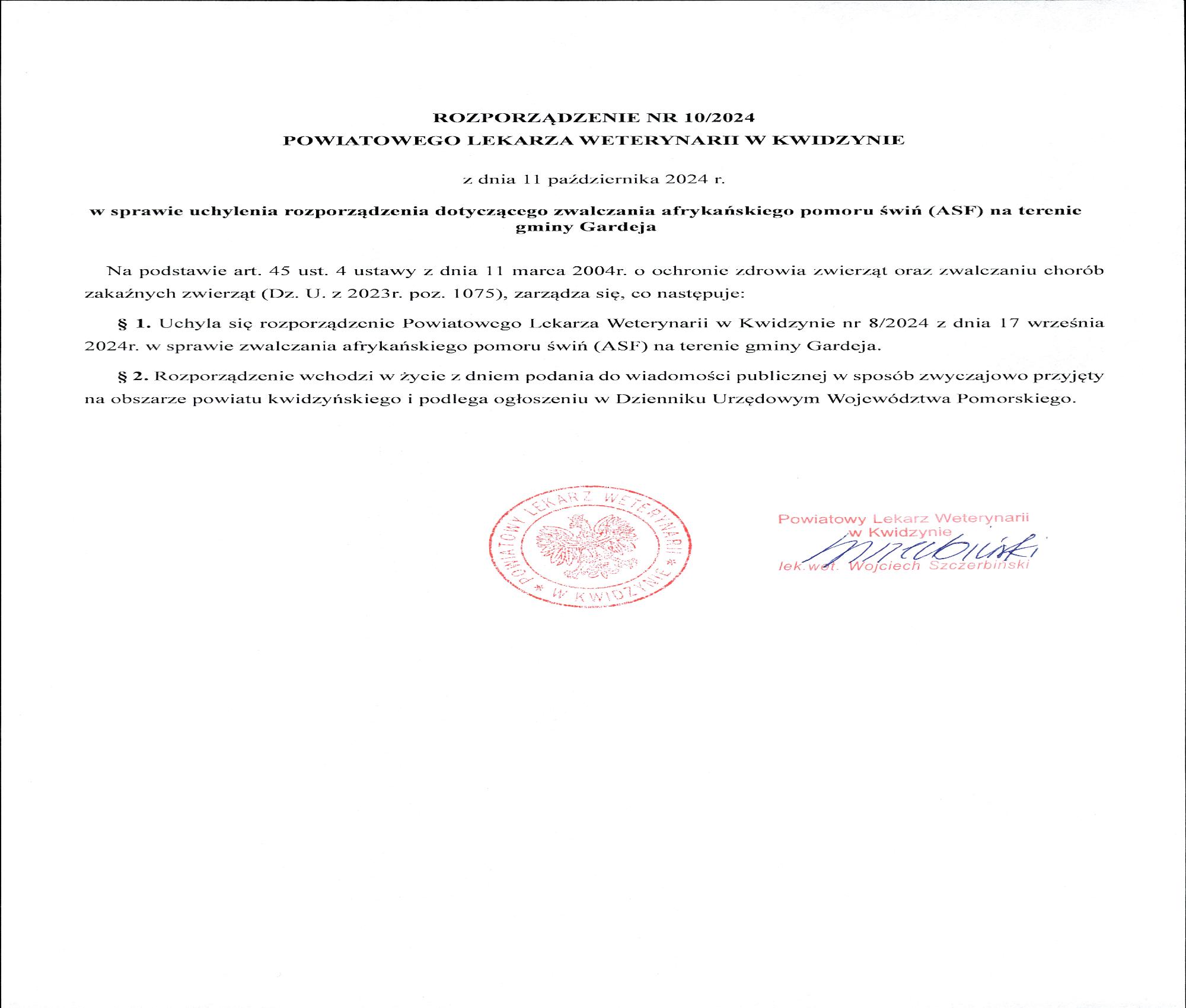 Rozporządzenie nr 10 PLW w Kwidzynie