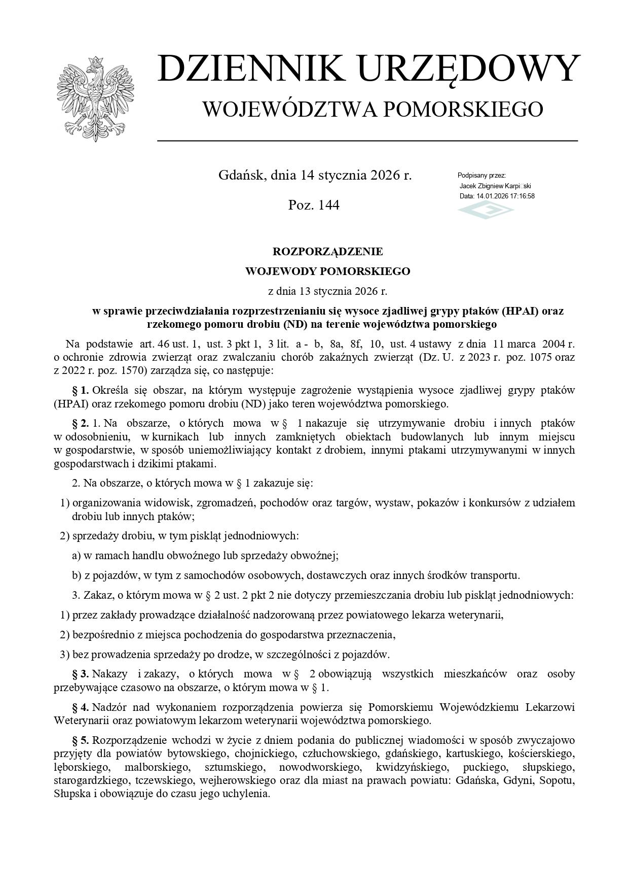 Rozporządzenie Wojewody Pomorskiego w sprawie grypy ptak&oacute;w i rzekomego pomoru